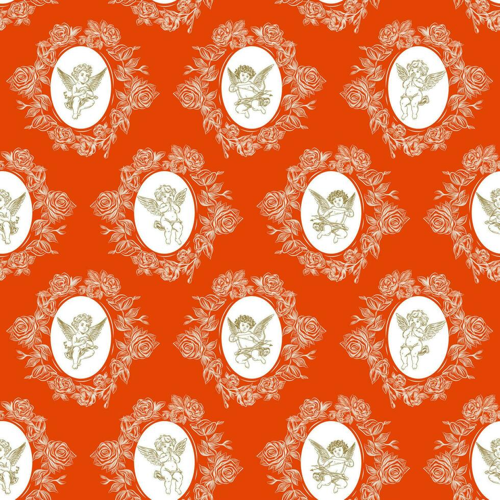 Seamless Pattern with cupids. Happy Valentine's day. Vintage engraving style vector
