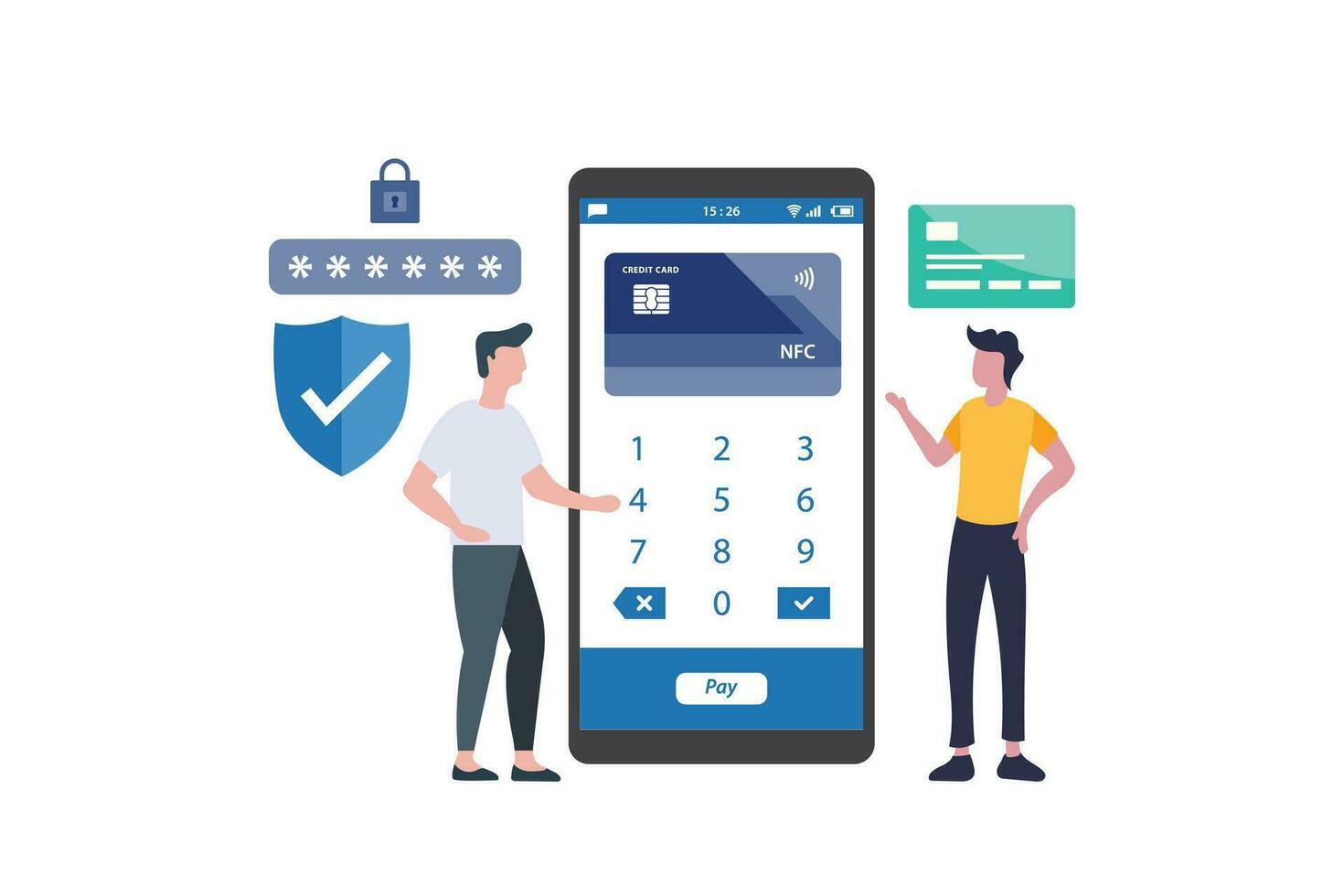 Vector illustration of two men with secure payment concept. credit card, shield, padlock, password and smartphone
