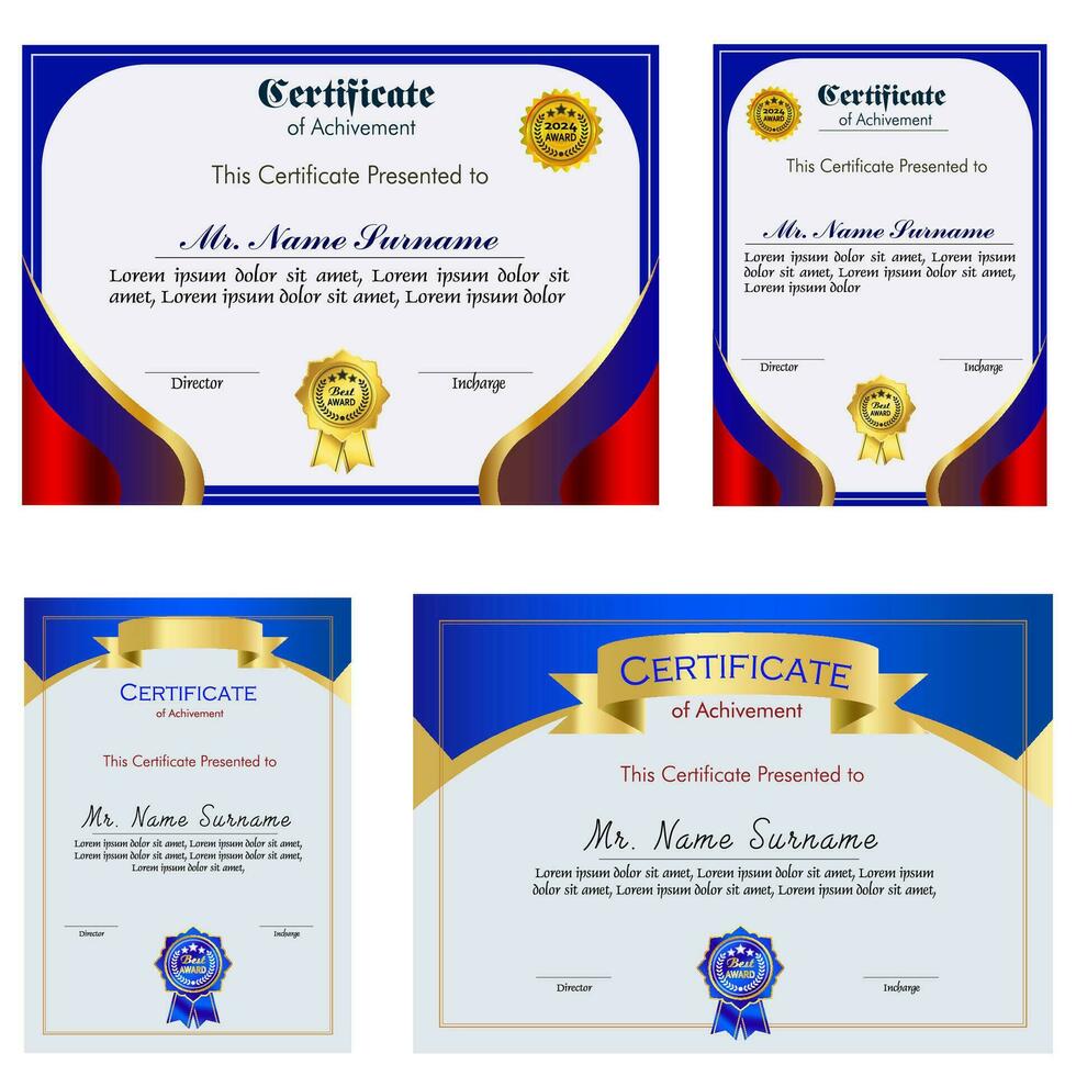 certificado de logro modelo conjunto con oro Insignia y borde, apreciación y logro certificado modelo diseño. elegante diploma certificado modelo vector