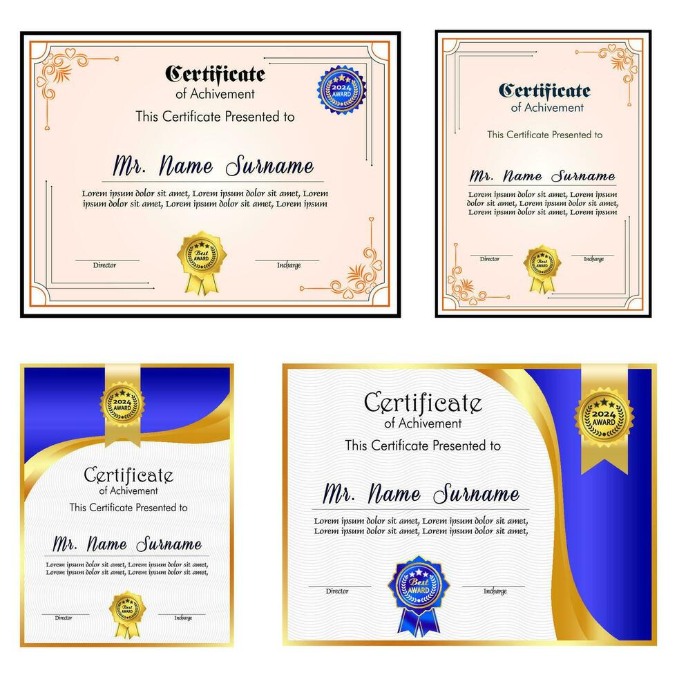 certificado de logro modelo conjunto con oro Insignia y borde, apreciación y logro certificado modelo diseño. elegante diploma certificado modelo vector