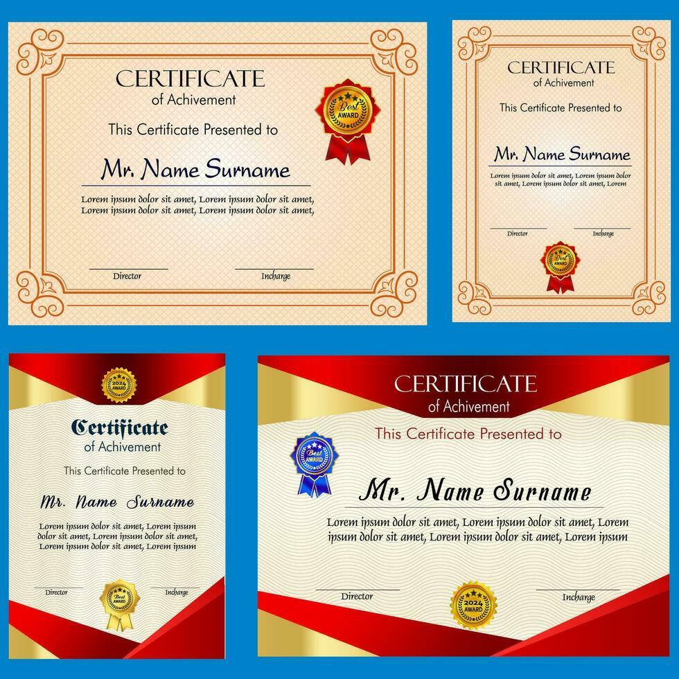 certificado de logro modelo conjunto con oro Insignia y borde, apreciación y logro certificado modelo diseño. elegante diploma certificado modelo vector