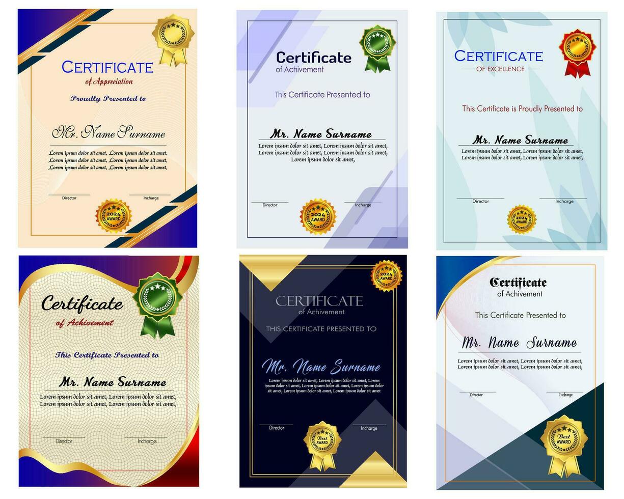 certificado de logro modelo conjunto con oro Insignia y borde, apreciación y logro certificado modelo diseño. elegante diploma certificado modelo vector