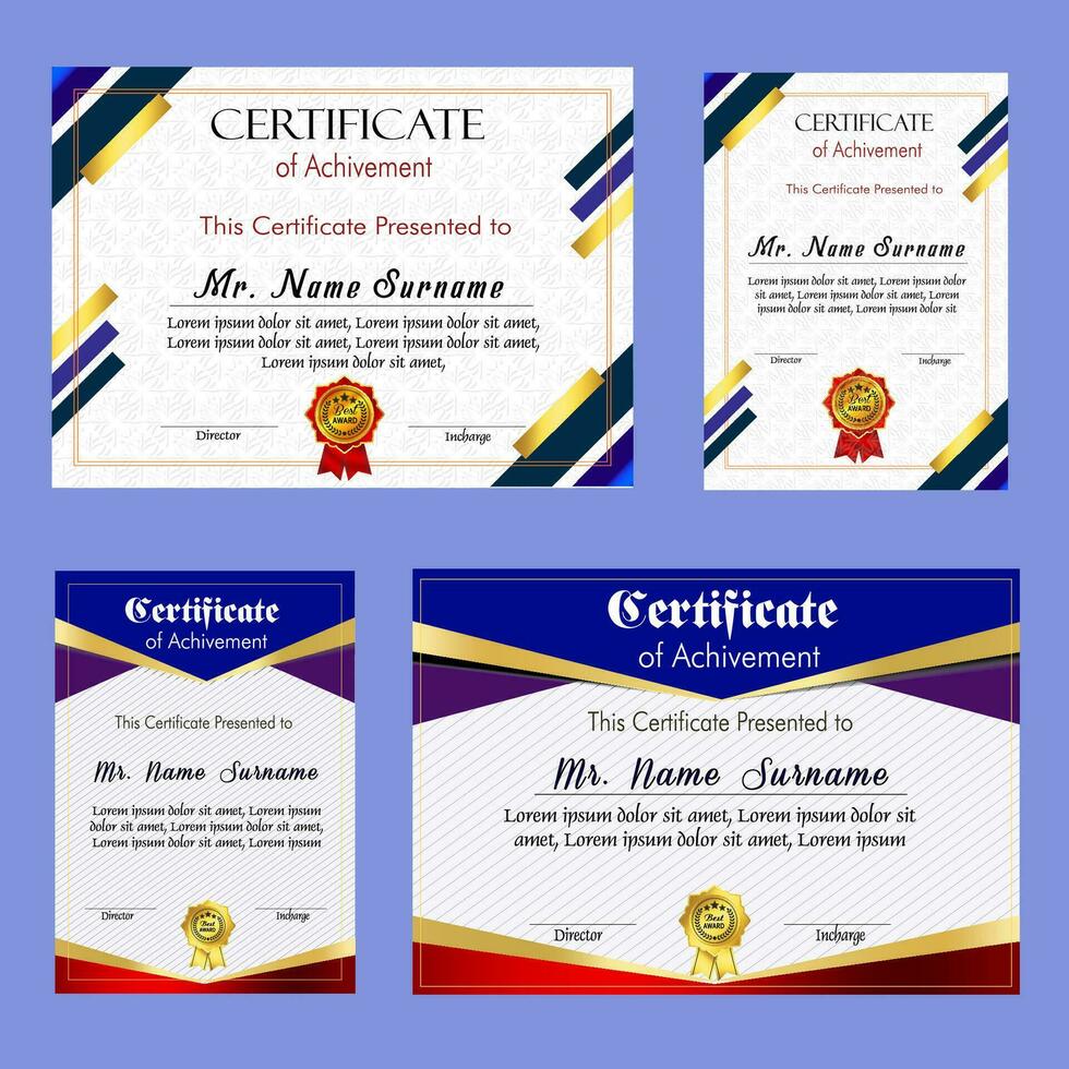 certificado de logro modelo conjunto con oro Insignia y borde, apreciación y logro certificado modelo diseño. elegante diploma certificado modelo vector