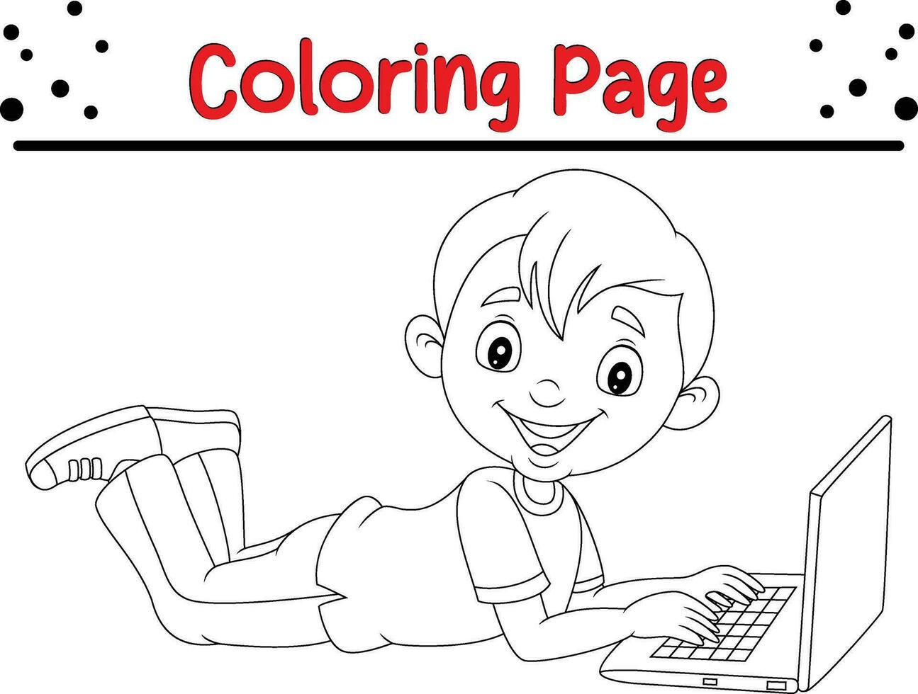 Coloring page boy operating laptop laying floor vector