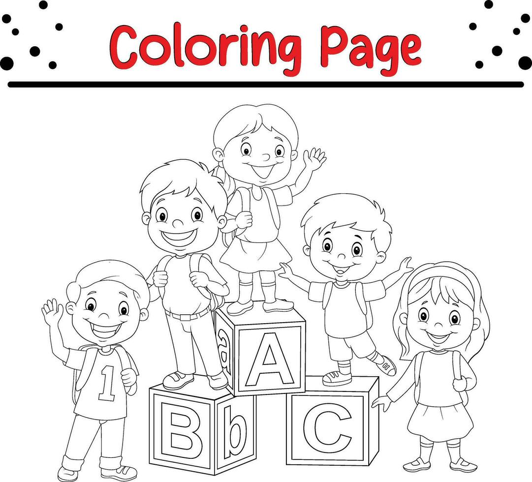 Coloring page school children with alphabet blocks vector