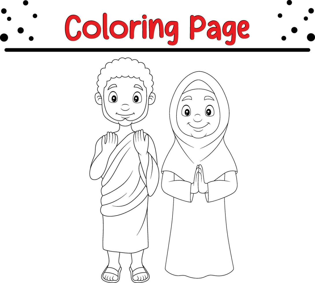 Coloring page Muslim man woman wearing ihram clothing vector