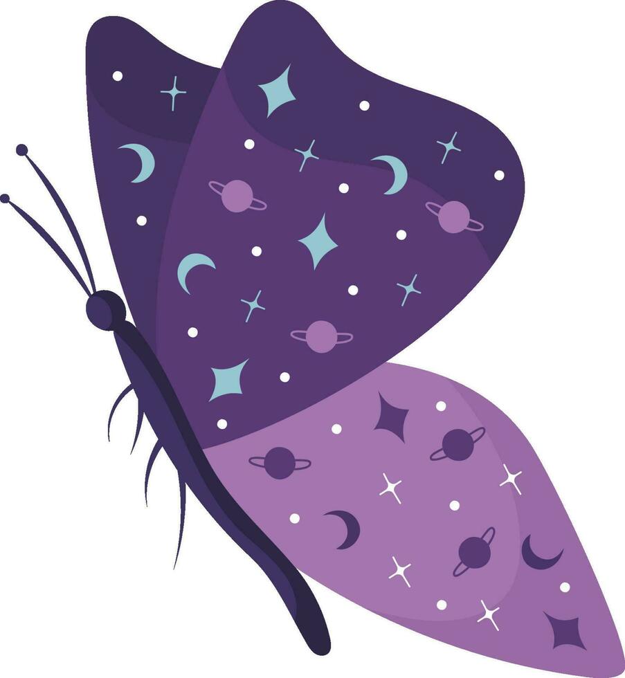 Hand draw butterfly on white background in purple colors with stars and moon.Vector. vector