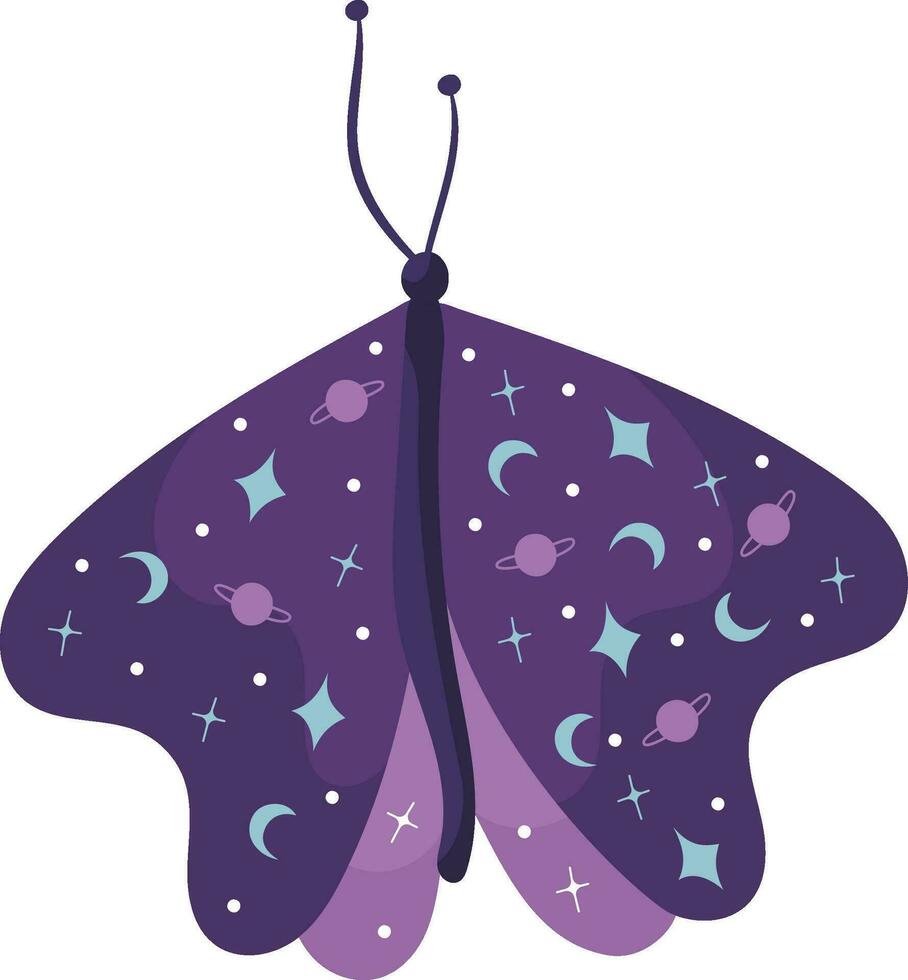 Magic hand draw butterfly on white background in purple colors with stars and moon.Vector. vector