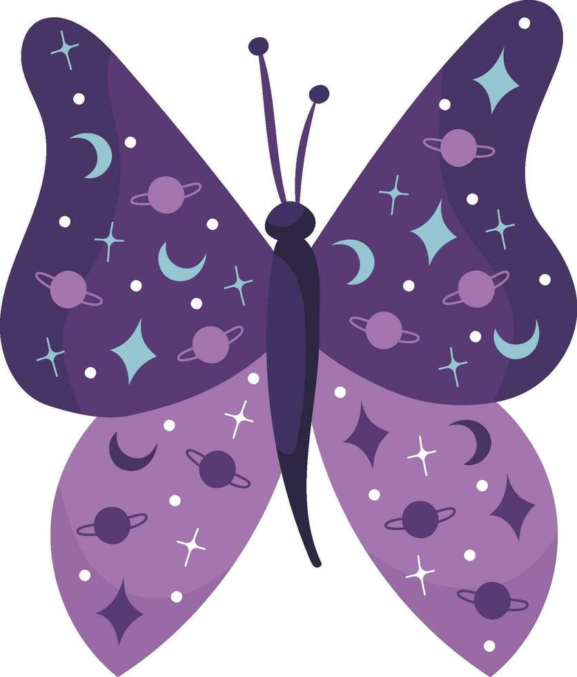 Single hand draw butterfly on white background in purple colors with stars and moon.Vector. vector