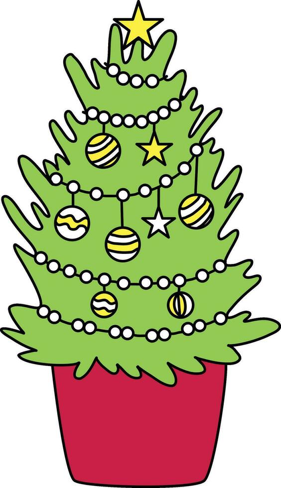 Cute hand-drawn cartoon Christmas tree adorned with lights, baubles, and stars. It features gifts under the tree and serves as a festive decoration for Christmas and New Year celebrations vector