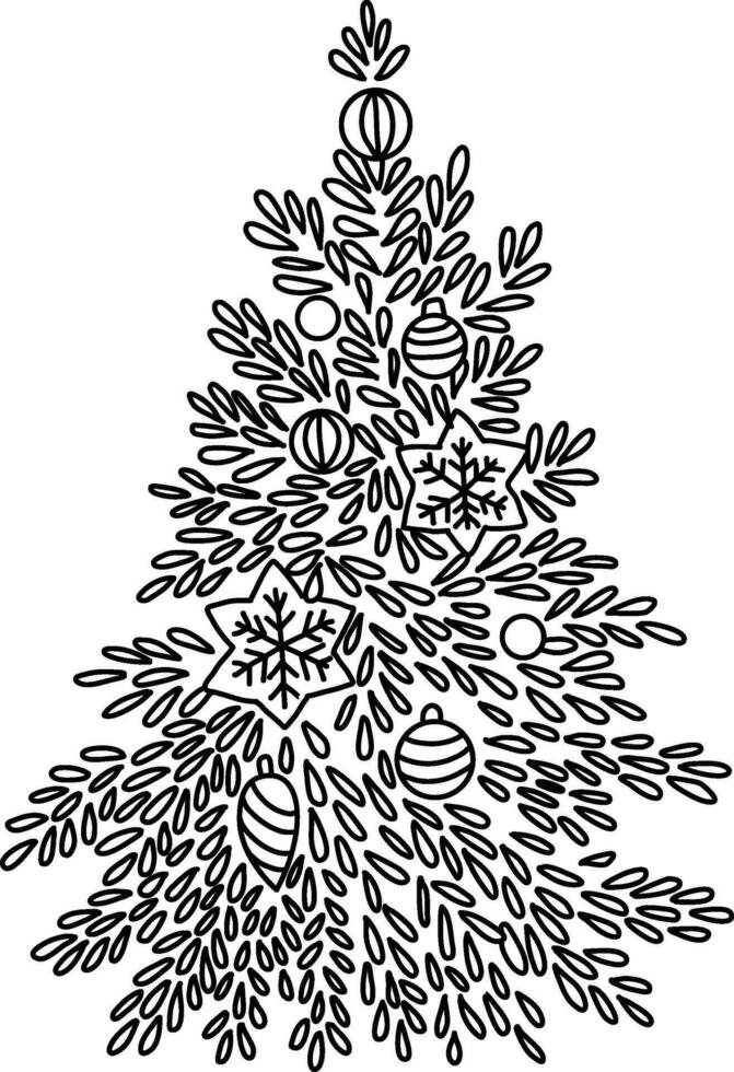 Cute hand drawn doodle Christmas tree adorned with lights, baubles, and stars. It features gifts under the tree and serves as a festive decoration for Christmas and New Year celebrations vector