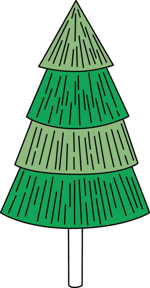 Cute hand-drawn cartoon Christmas tree adorned with lights, baubles, and stars. It features gifts under the tree and serves as a festive decoration for Christmas and New Year celebrations vector