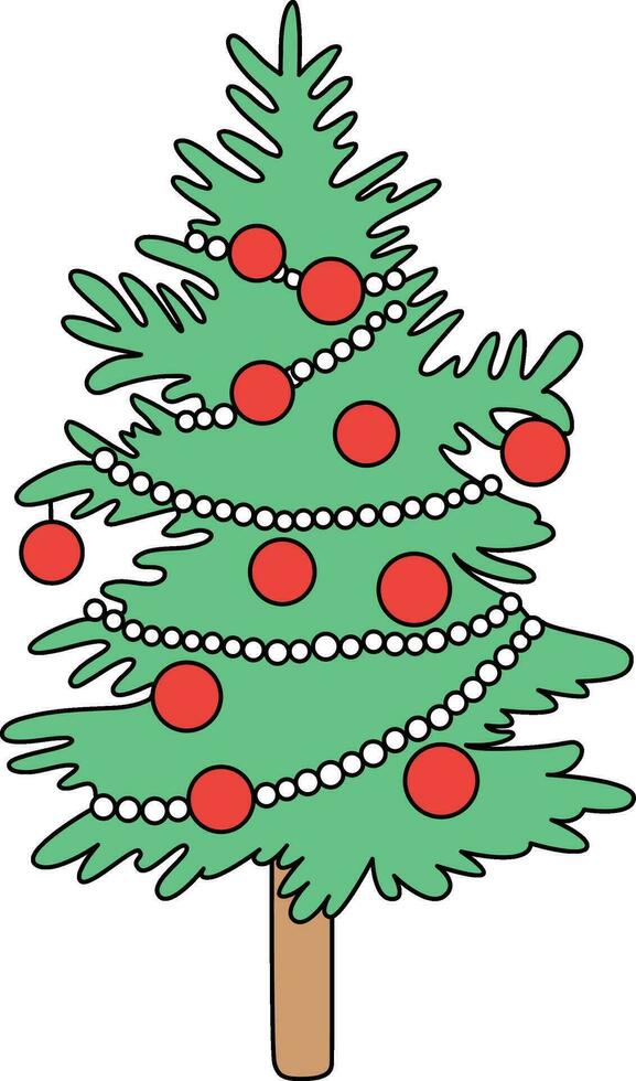 linda dibujado a mano dibujos animados Navidad árbol adornado con luces, adornos, y estrellas. eso caracteristicas regalos debajo el árbol y sirve como un festivo decoración para Navidad y nuevo año celebraciones vector