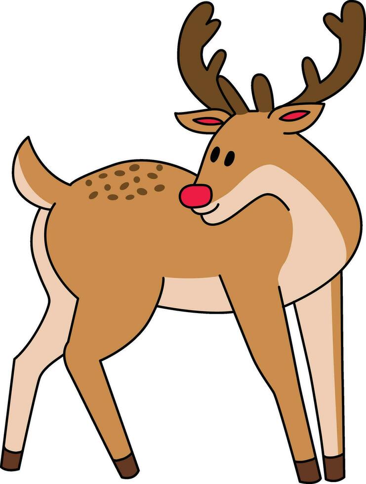 Cute reindeer cartoon standing, celebrating Christmas and New Year. Adorned with reindeer decorations, the reindeer is having fun during the festive Christmas season. vector