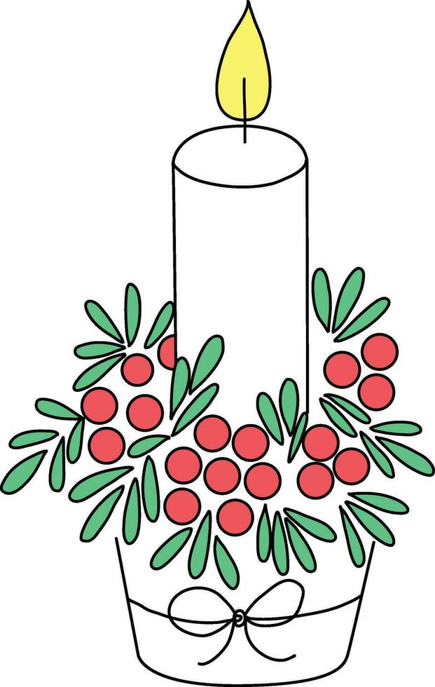 Candlestick with doodle line. The candles illuminate Christmas Day. cute hand-drawn lines, simple. candle decorated with bows and holly to enhance the Christmas spirit vector
