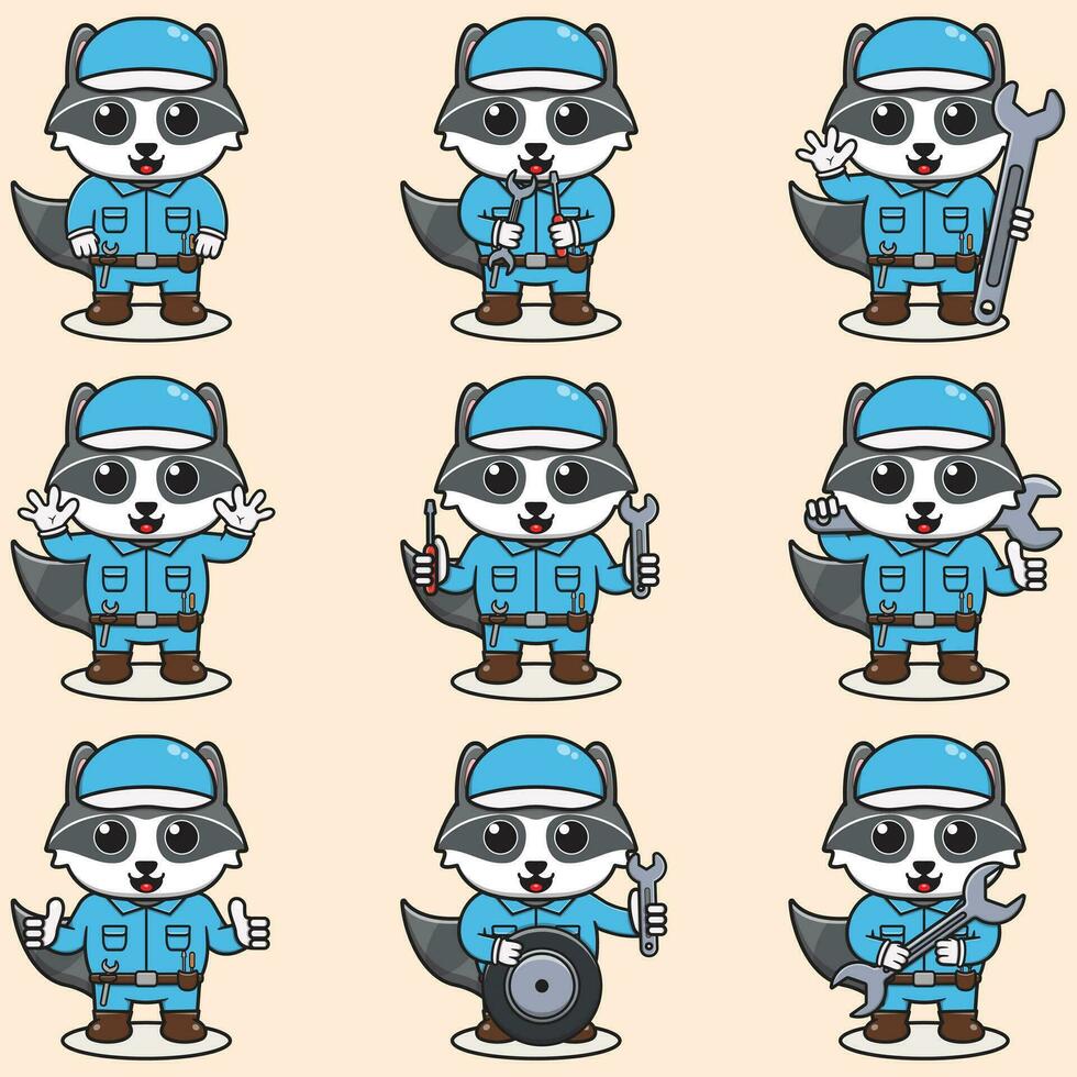 Mascot cartoon of cute Raccoon wearing mechanic uniform and cap. Cute Raccoon illustration. Character animal. Mechanic cartoon set. Vector illustration in isolated background.