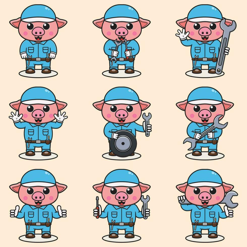 Mascot cartoon of cute Pig wearing mechanic uniform and cap. Cute Pig illustration. Character animal. Mechanic cartoon set. Vector illustration in isolated background.