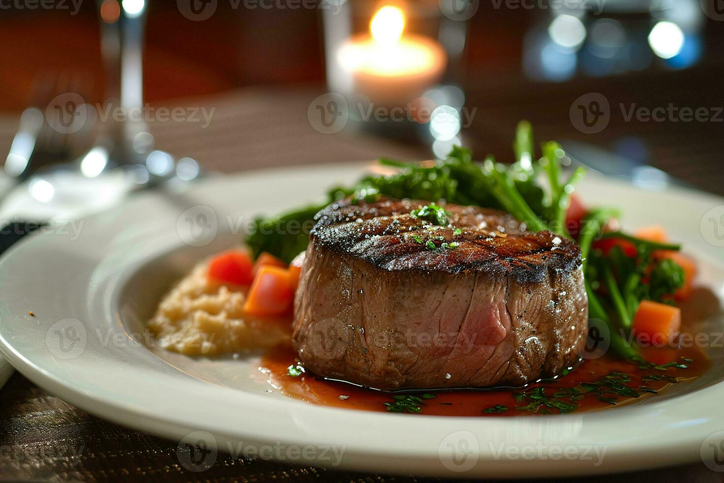 AI generated A plate of beef filet mignon with rice and arugula lettuce. Generative AI. photo