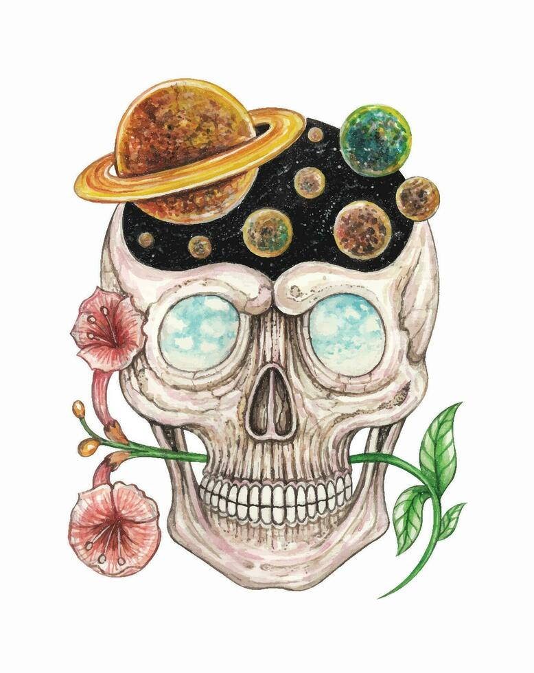 Surrealist art skull of the universe design by hand watercolor painting. vector