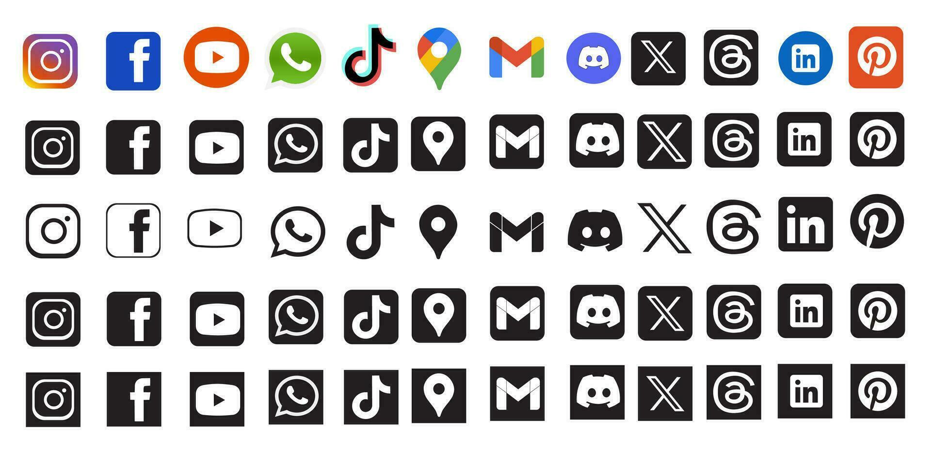 social media icon set, social media logos ,instagram, Facebook, youtube, tiktok, map, gmail, discord, x icons, twitter, Threads, linkedin, pinterest, icons vector