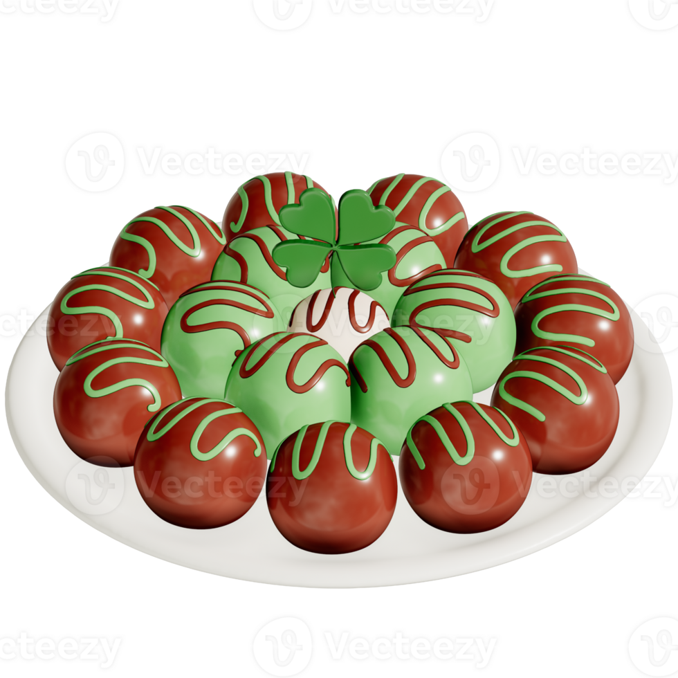 St. Patrick's day dessert Chocolate Mint Truffles with shamrock on transparent background, 3D Rendering png