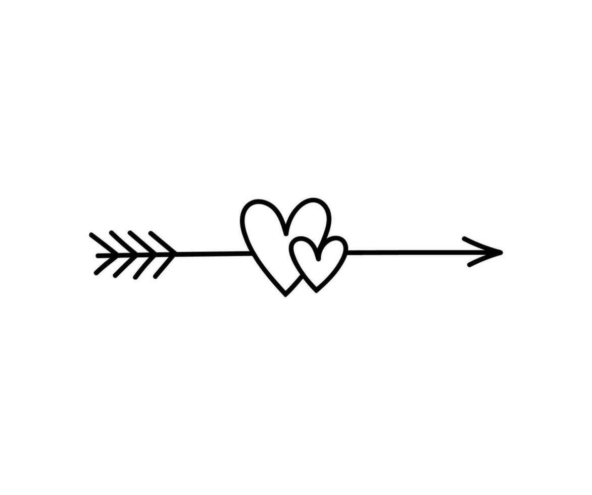 Cute doodle arrow with hearts isolated on white background. Vector hand-drawn illustration. Perfect for Valentine's Day designs, cards, invitations, decorations.