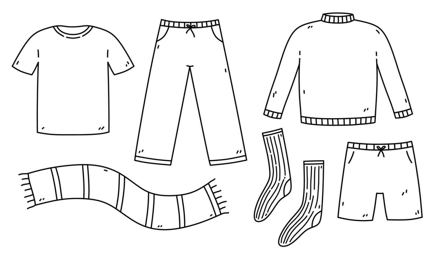Set of men's clothing - T-shirt, pants, shorts, sweater, scarf, socks. Vector hand-drawn illustration in doodle style. Perfect for cards, decorations, logo, various designs.