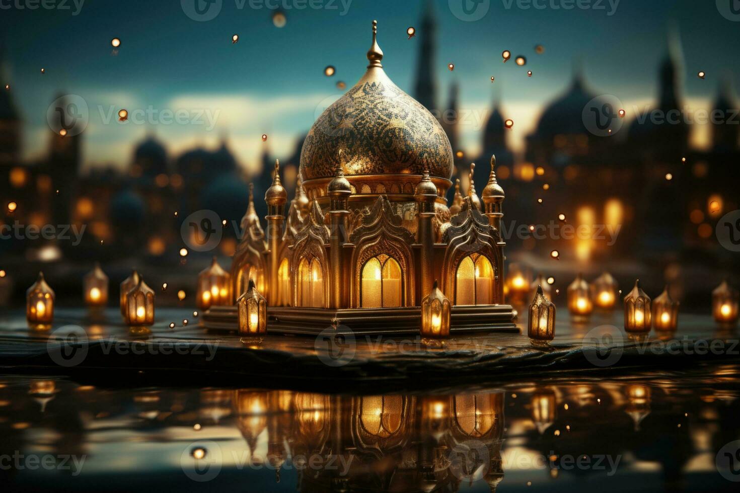 AI generated Night View Image of Ramadan Kareem Eid Mubarak Mosque, Bright Stars, Generative AI photo
