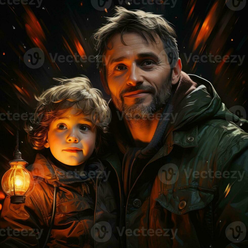 AI generated Realistic Father Son Love Smiling Kissing Night View Photo Generative AI