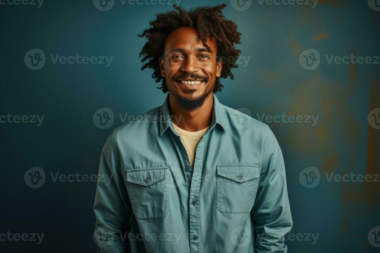 AI generated Realistic Photo of Smiling Afro American Man Standing in Paint Shirt Generative AI