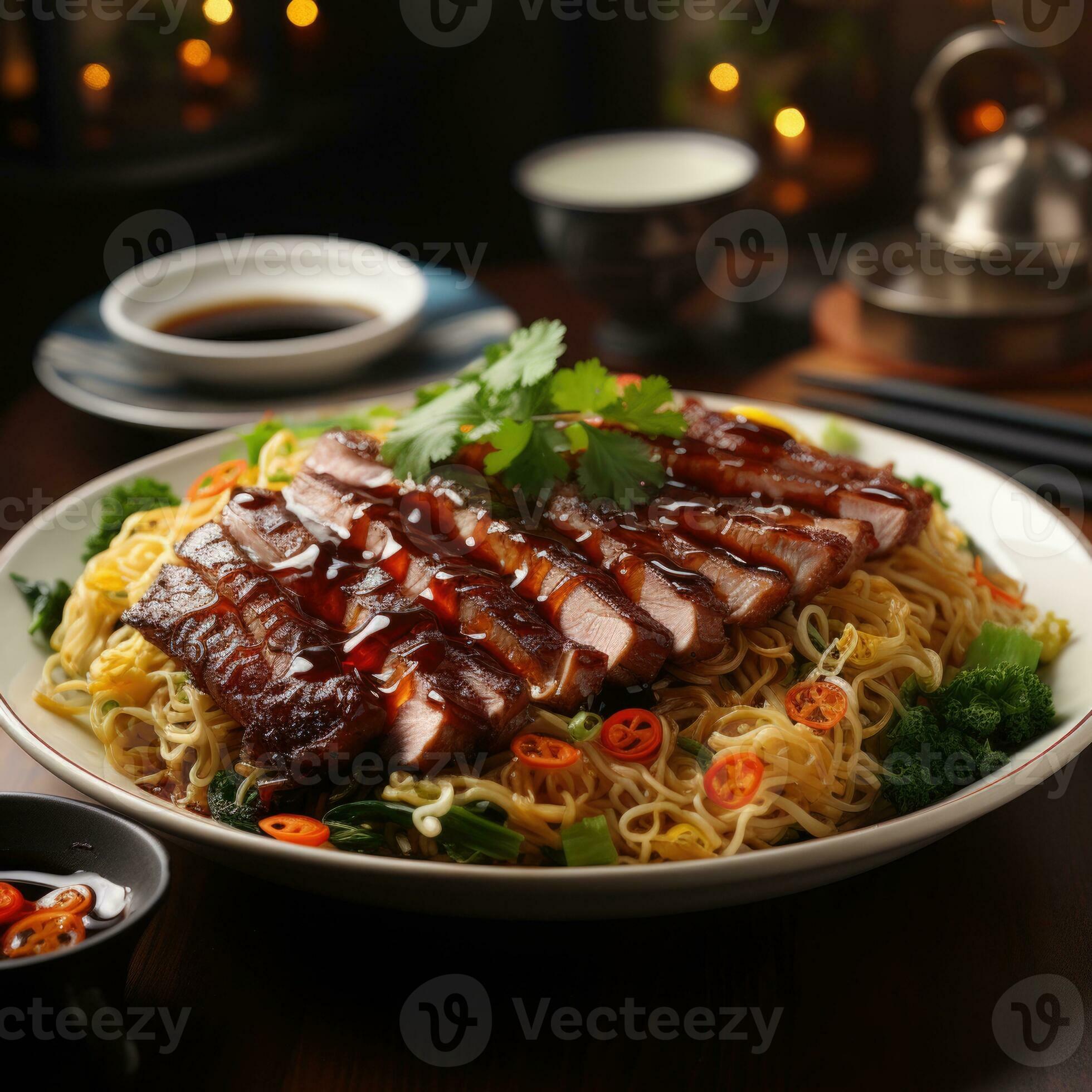 AI generated Fried Duck Meat with Egg Noodles Closeup Realistic Winter