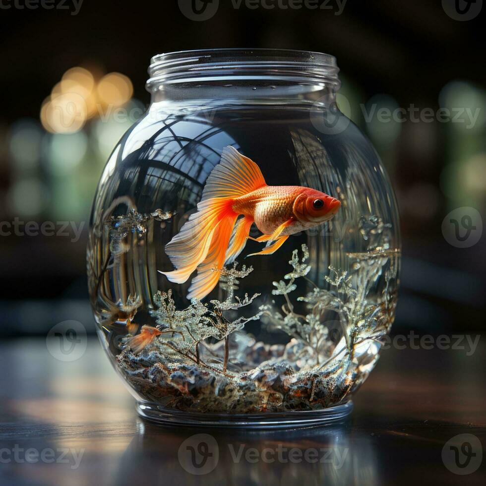 AI generated Realistic Image of Golden Fish in High Quality Glass Bowl with Plants Generative AI photo