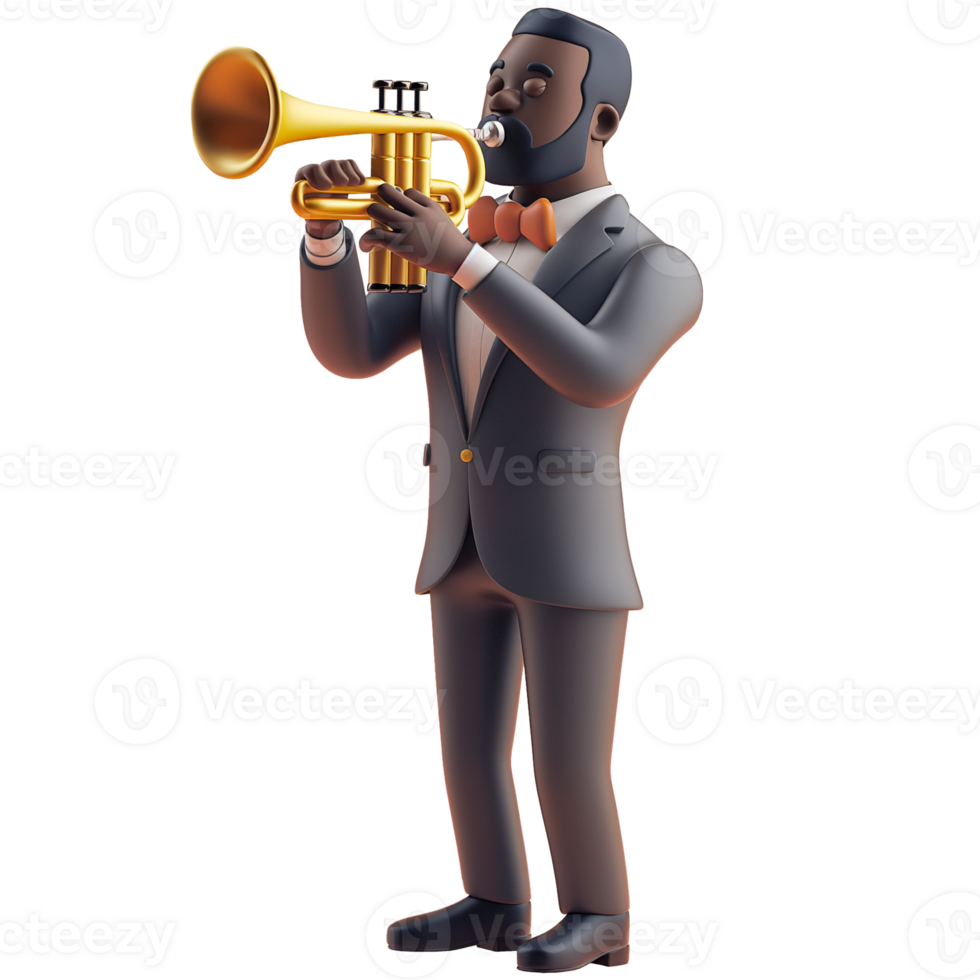 AI generated Black man playing jazz music trumpet, realistic 3d design. Suitable for music and design elements png