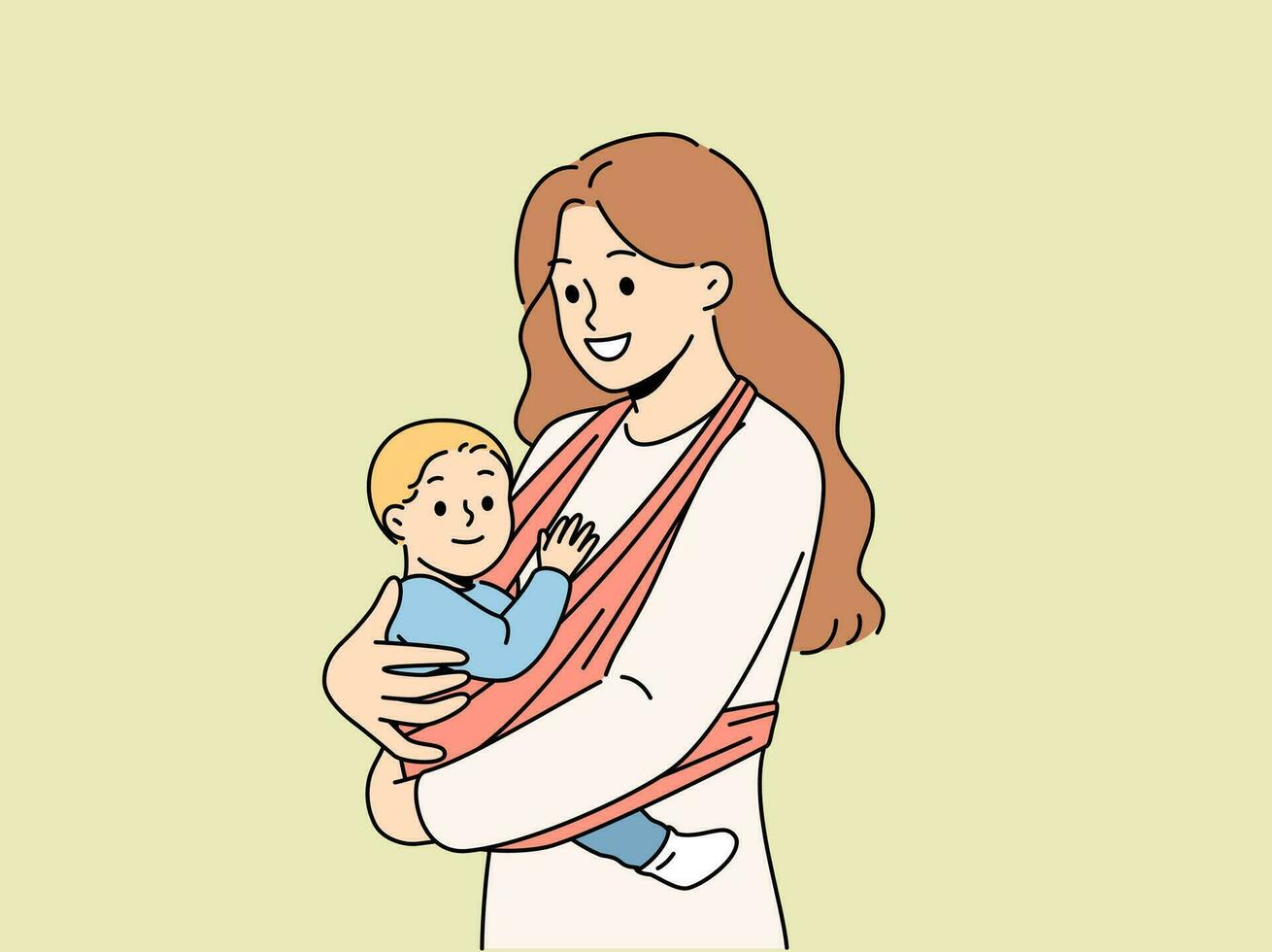 Mother holds baby in carrier sling and smiles, taking care of son and using comfortable babywearing. Caring happy woman with newborn, recommends purchasing sling for young mothers. vector