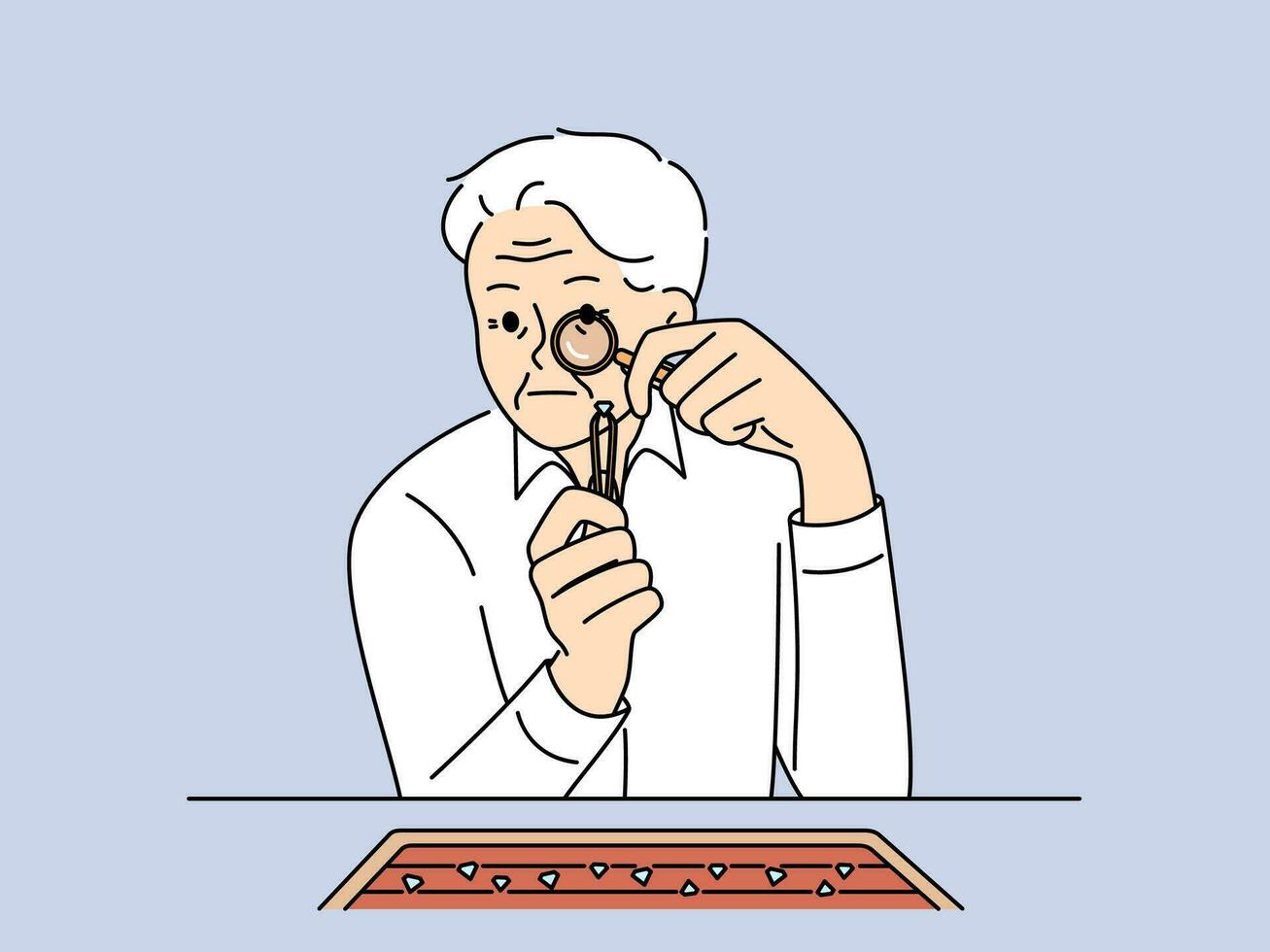 Elderly man jeweler examines diamond through magnifying glass checking gems for authenticity. Gray-haired worker in jewelry workshop chooses diamond to create necklace or engagement ring. vector