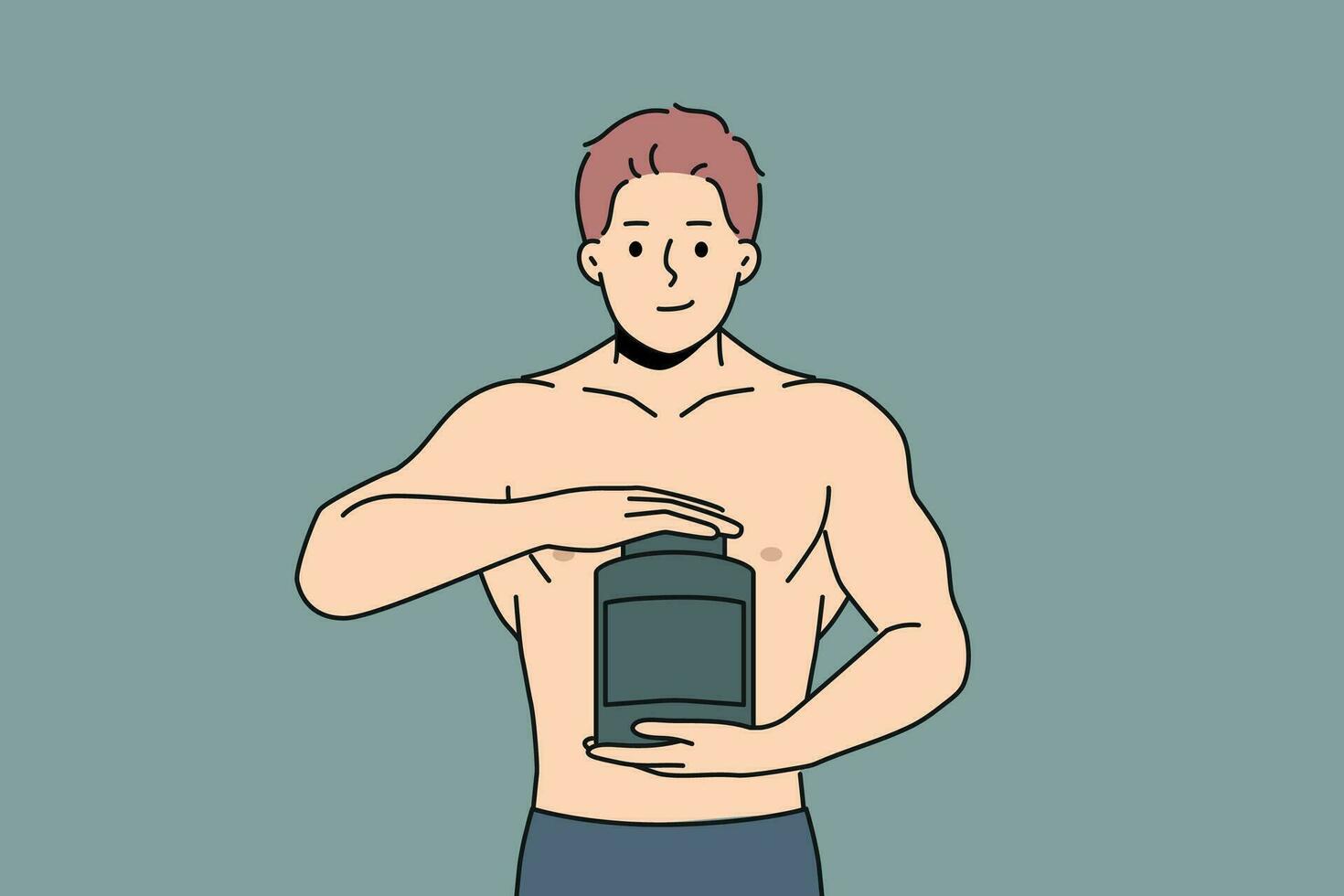 Muscular man holds jar of protein and recommends taking sports nutrition while doing bodybuilding. Strong guy with big muscles on arms takes protein to achieve outstanding result from training. vector