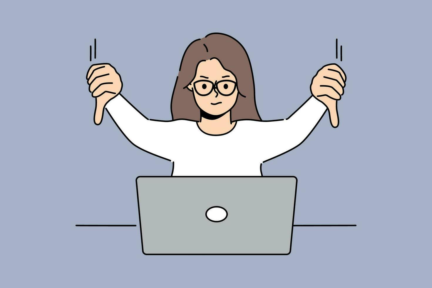 Woman freelancer showing thumbs down sitting in front of laptop and making video call to colleagues while discussing future project. Girl demonstrate thumbs down as sign of negative user experience vector