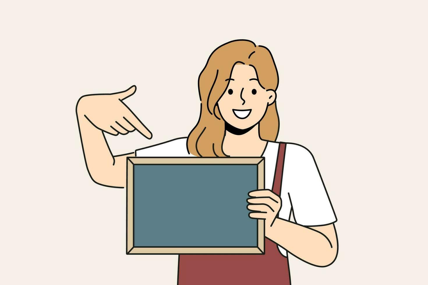 Woman waiter is holding chalkboard with copy space for drawing menu or promotional offers from restaurant. Cheerful girl waiter in apron points with finger at place for name of bar or cafe logo vector