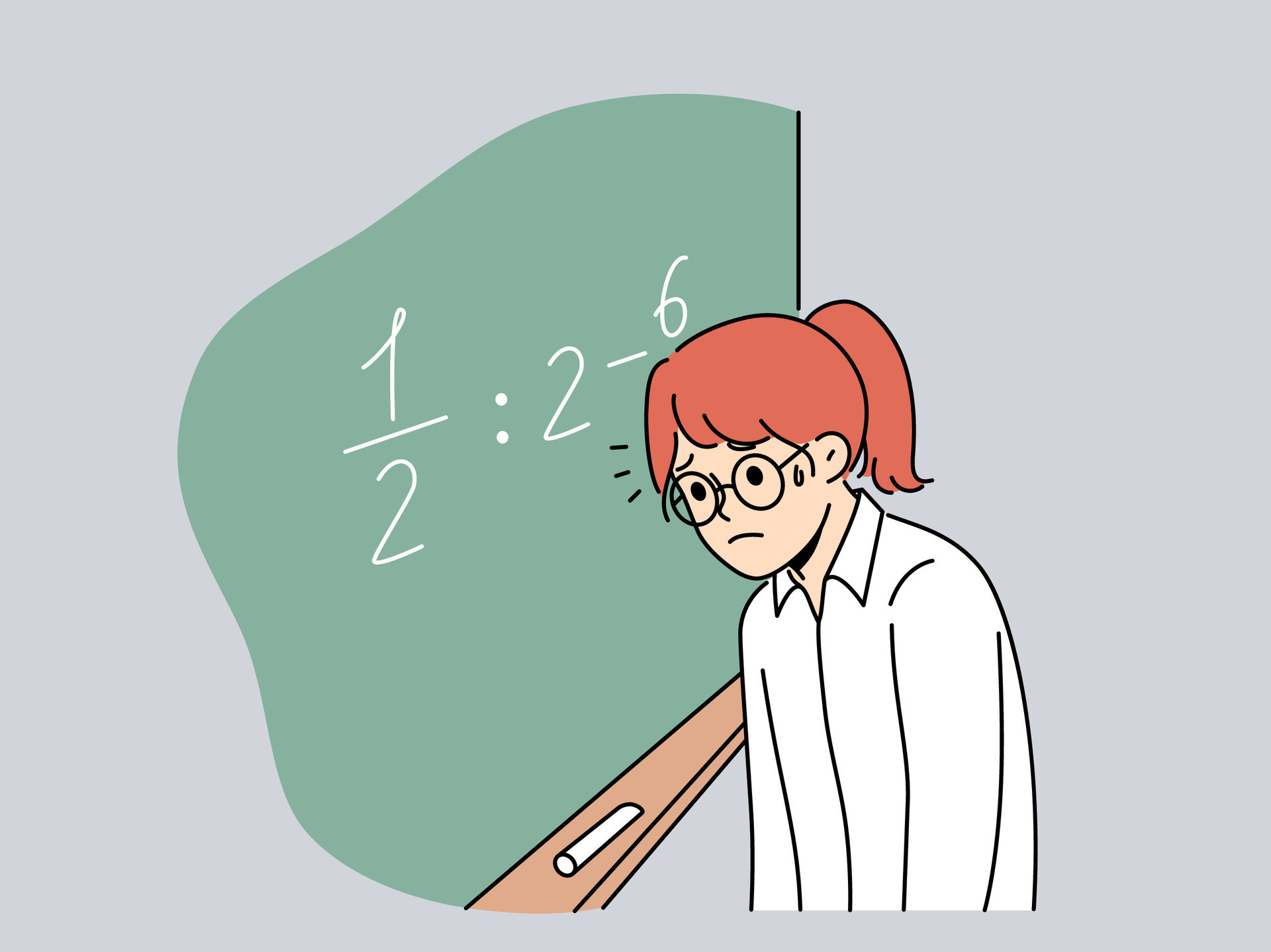 Schoolgirl standing near chalkboard gets, upset because doesnt know solution of mathematical