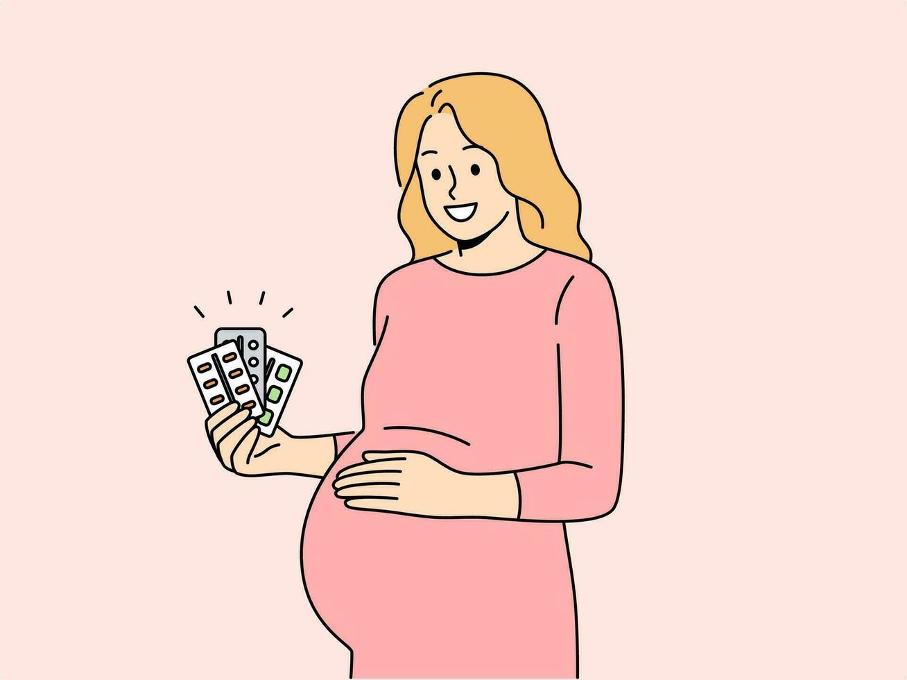 embarazada mujer sostiene ampollas de pastillas y vitaminas a apoyo inmunidad de bebé en matriz. embarazada expectante madre recomienda tomando útil medicamentos a obtener eliminar de salud problemas. vector
