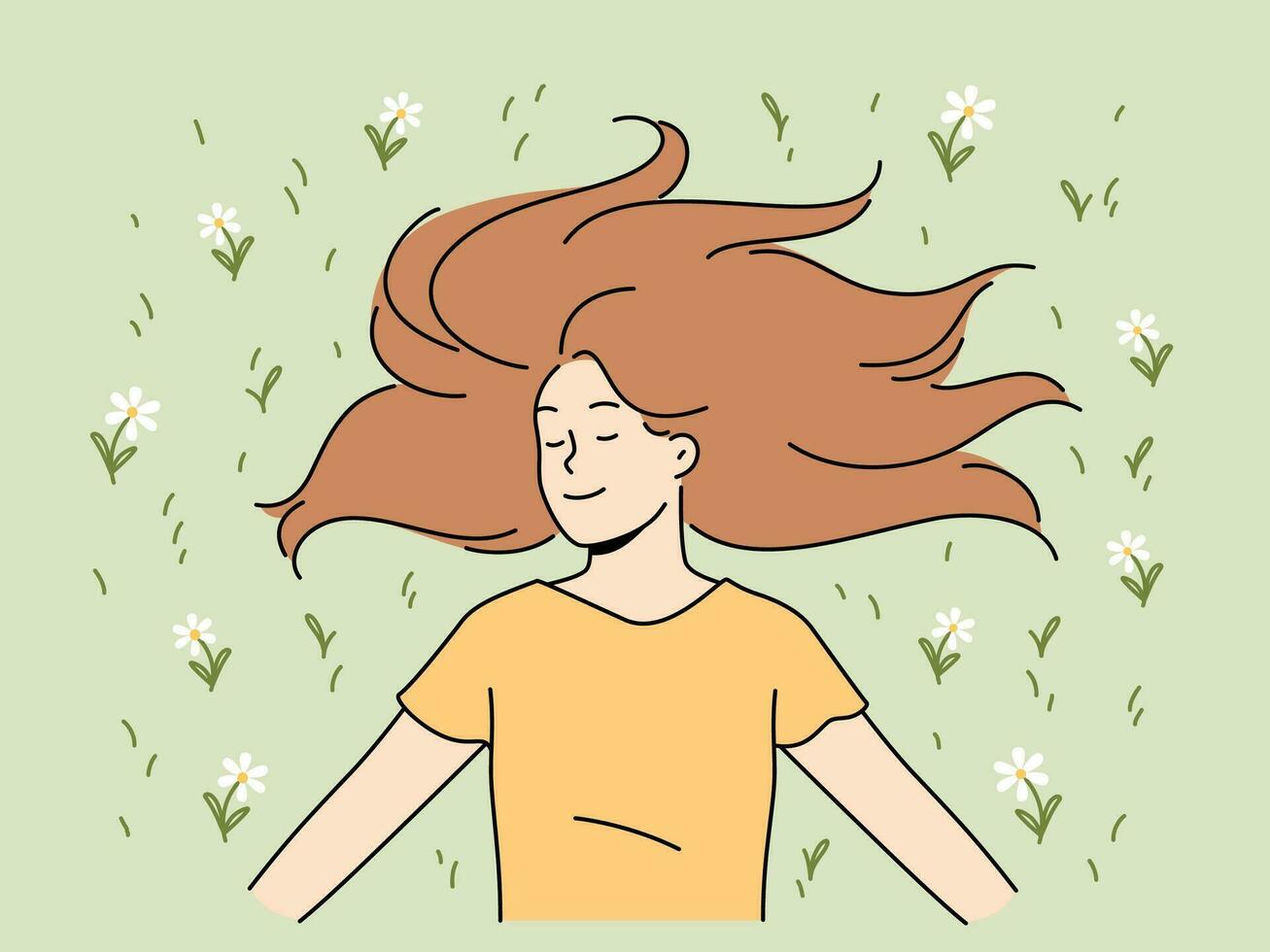 Happy woman with long hair lies on grass in park with eyes closed and smiles rejoicing in sunlight. Positive young woman in casual t-shirt enjoying good summer weather lying on lawn with flowers vector