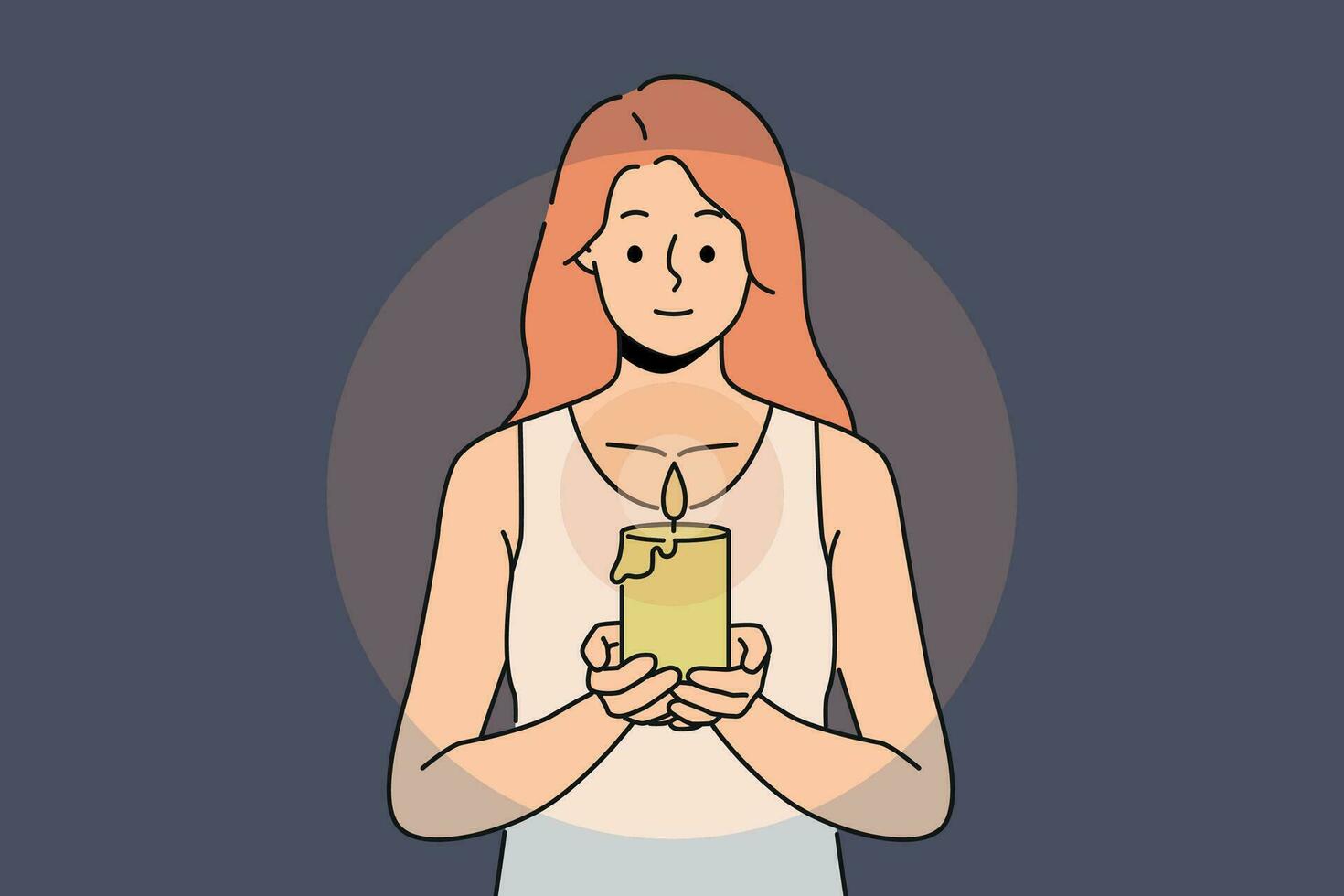 Woman with candle in hands looks at fire, performing religious ritual or seance. Positive girl holding candle to light way in dark due to power outage in house or broken lighting fixtures vector