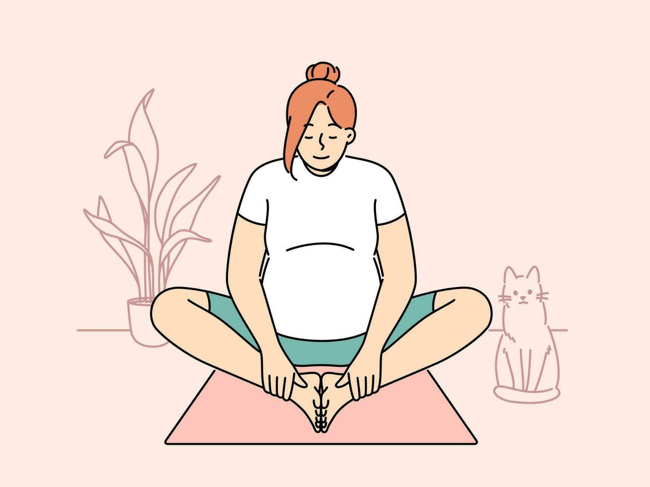 Pregnant woman making morning exercises sitting on fitness mats and getting ready for meditative practices from yoga. Pregnant girl is at home and stretches doing yoga for expectant mothers vector