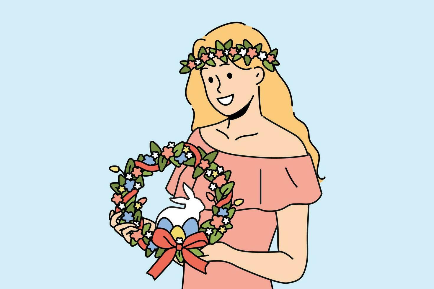 Woman with easter wreath on head smiles and holds colored eggs and miniature rabbit. Girl dressed in pink dress with easter accessories inviting to celebrate religious christian holiday vector