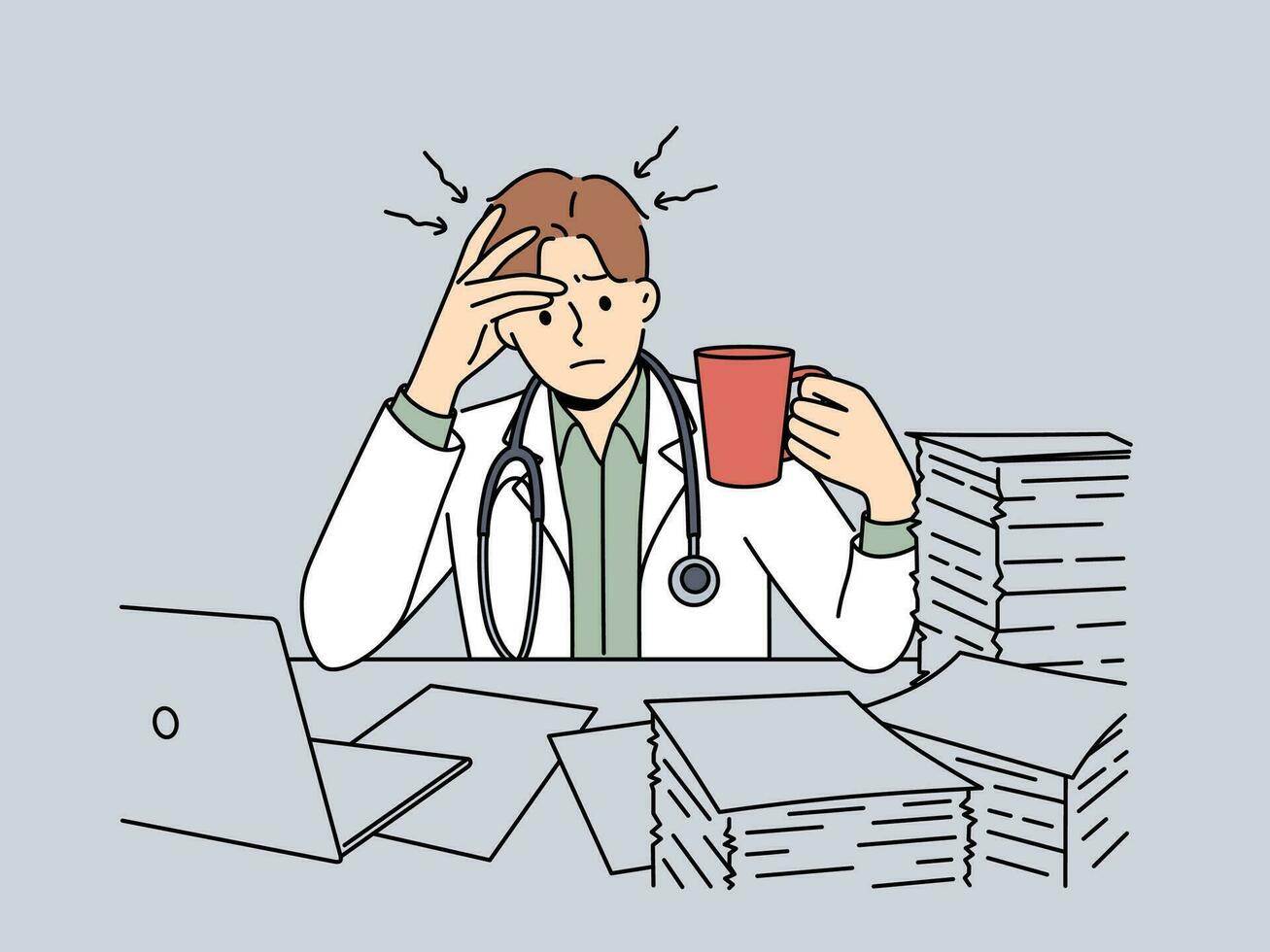 Frustrated doctor with cup of coffee sits at table with pile of papers and needs help of assistant. Concept of bureaucracy and overabundance of paperwork in doctor, causing apathy and burnout vector