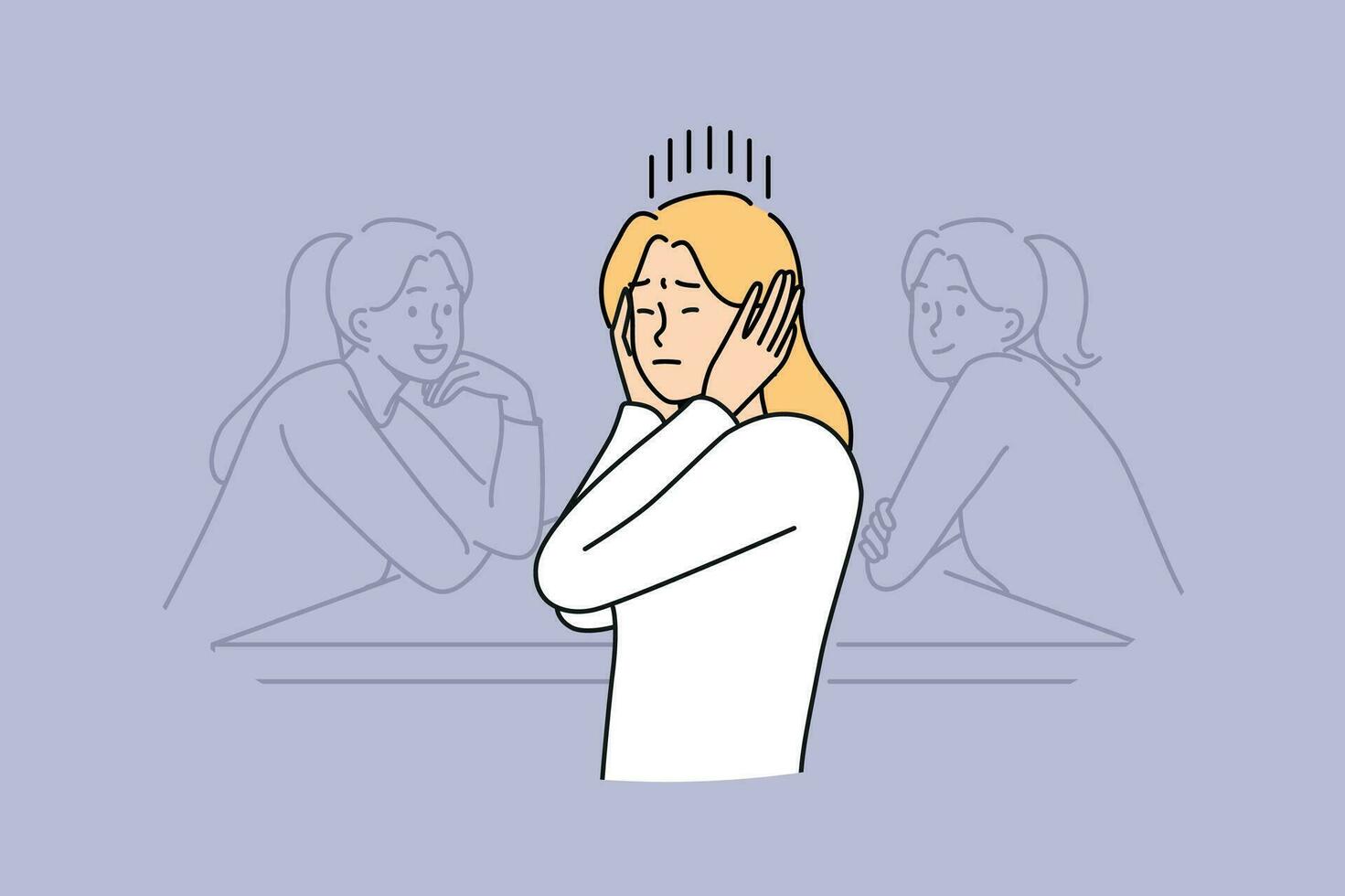 Woman covers ears by refusing to listen to statements of toxic colleagues and ignoring criticism when performing professional tasks. Girl office worker sits at table ignoring words of others vector