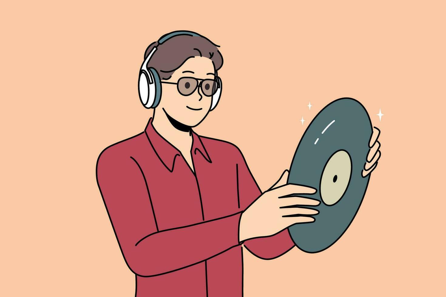 Hipster man with vinyl record listens to music in headphones, collecting retro discs with audio recordings. Guy looks at vinyl record and rejoices in buying rare copy with recording of concert vector