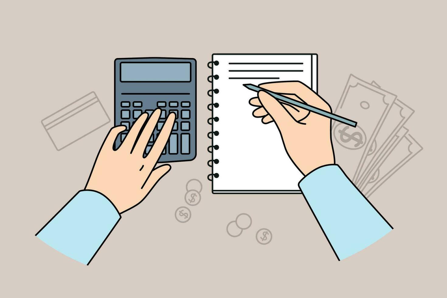 Hands of accountant using calculator for auditing and making entries in financial journal, located at table with money. Accounting services for preparation of financial analysis for business clients vector