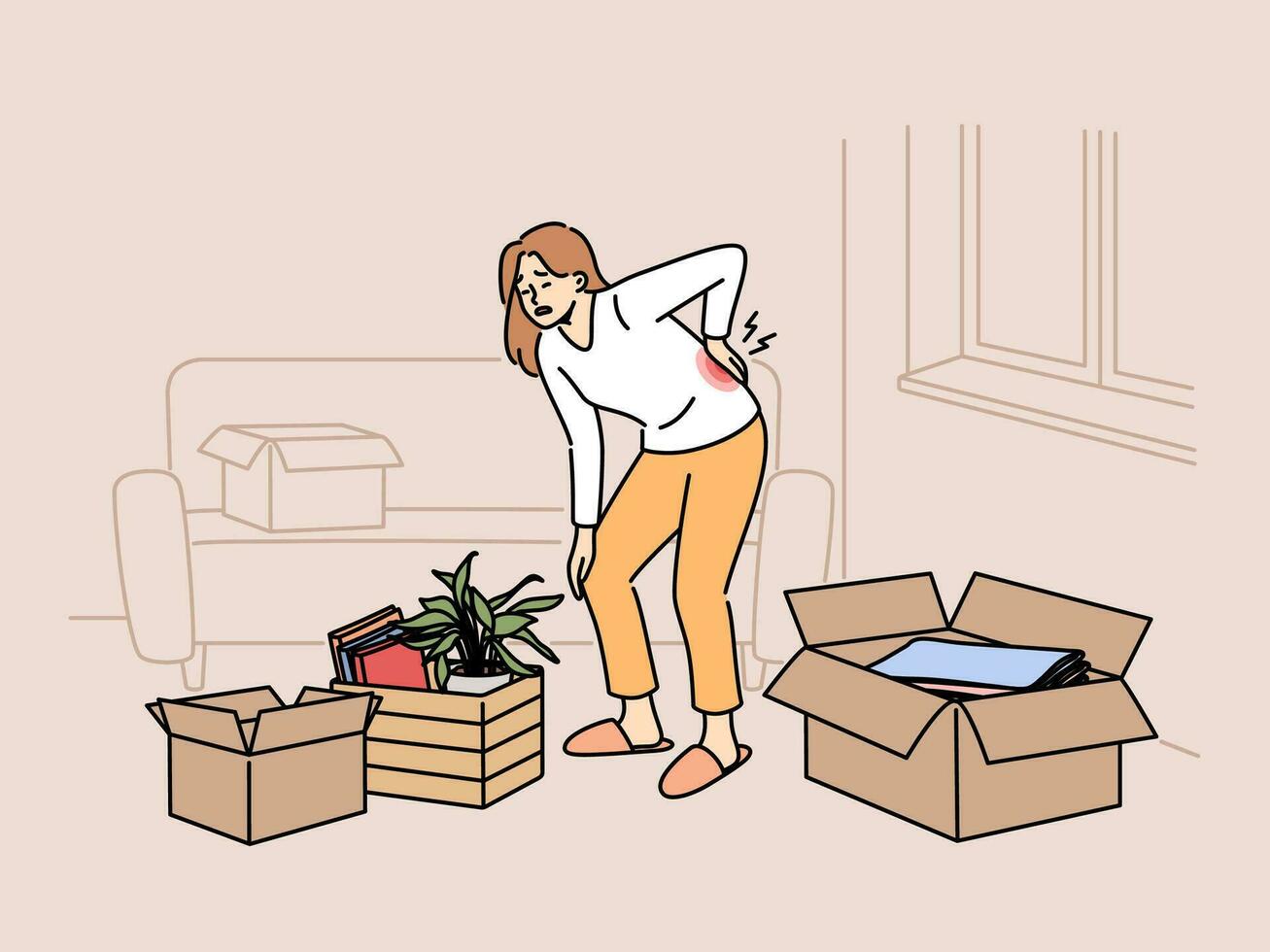 Sick woman moving to new apartment and suffers from back pain, stands among heavy boxes. Lonely tired girl suffers from sciatica or hernia due to moving on own, and needs help of movers vector
