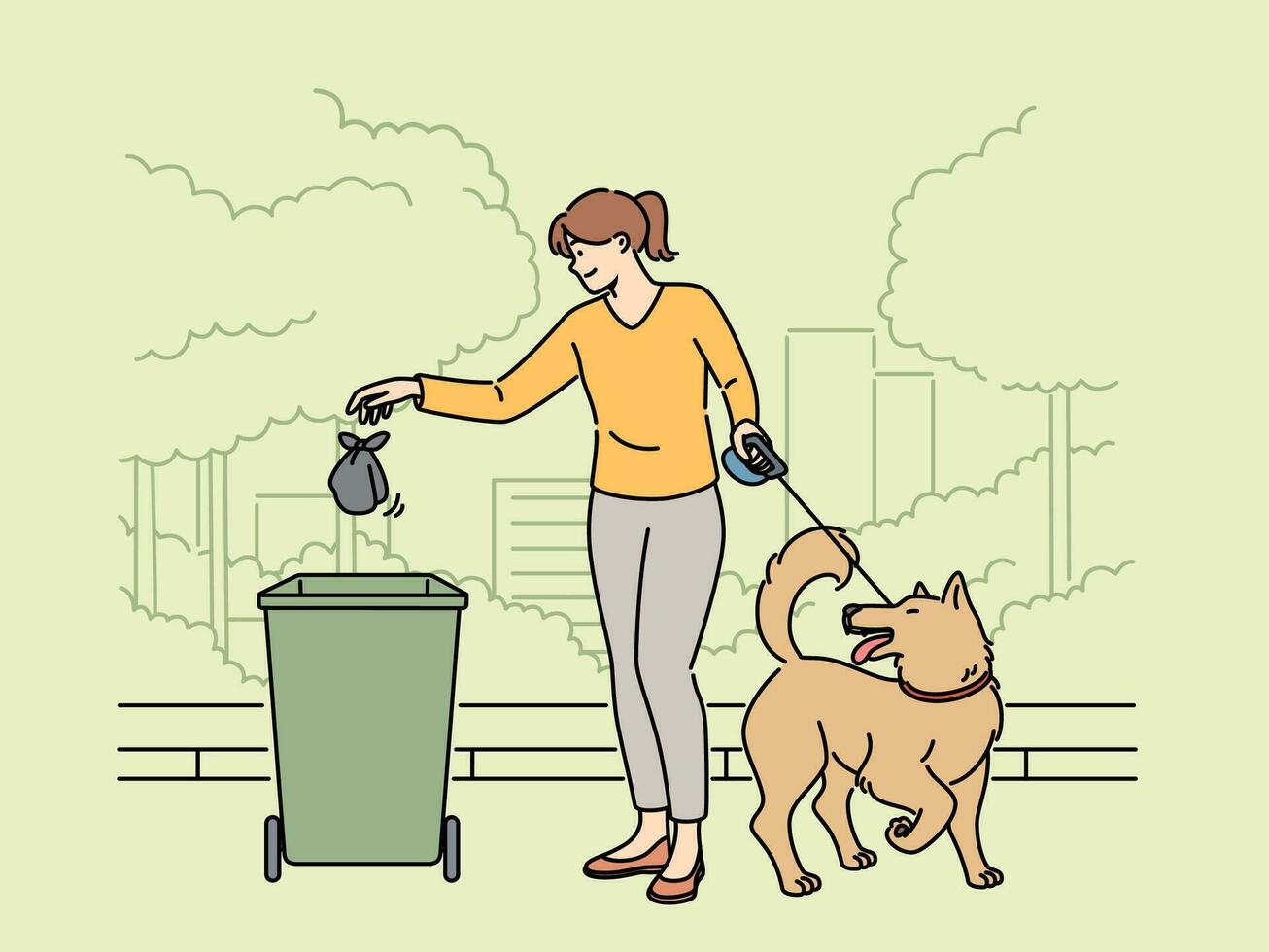 Woman walking dog throws bag of puppy poop into trash can, taking care of cleanliness of park. Smiling girl cleaning up after dog on street, showing responsibility and love for environment vector